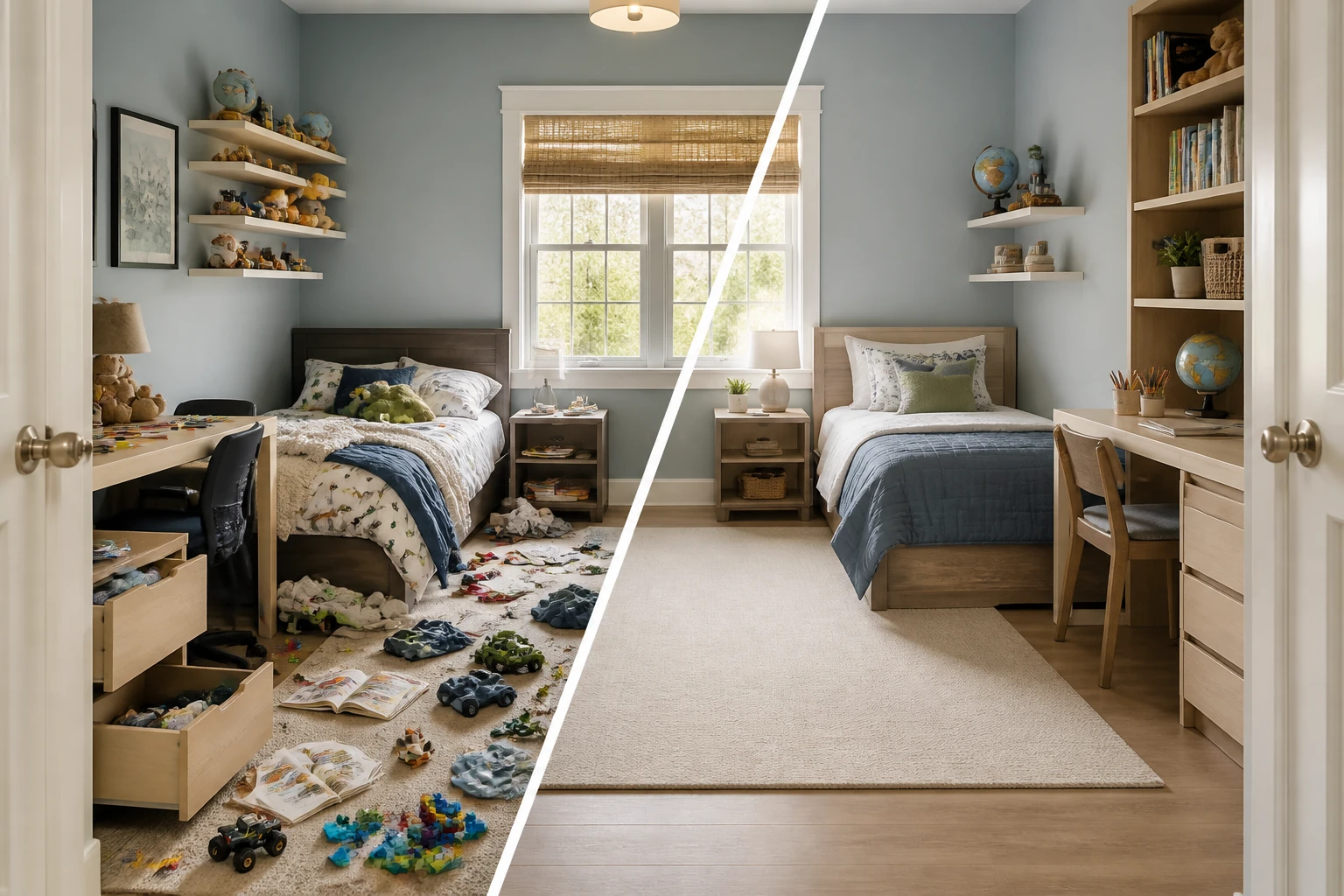 Before and after comparison of a bedroom: cluttered with toys and open drawers on the left, tidied and organized on the right