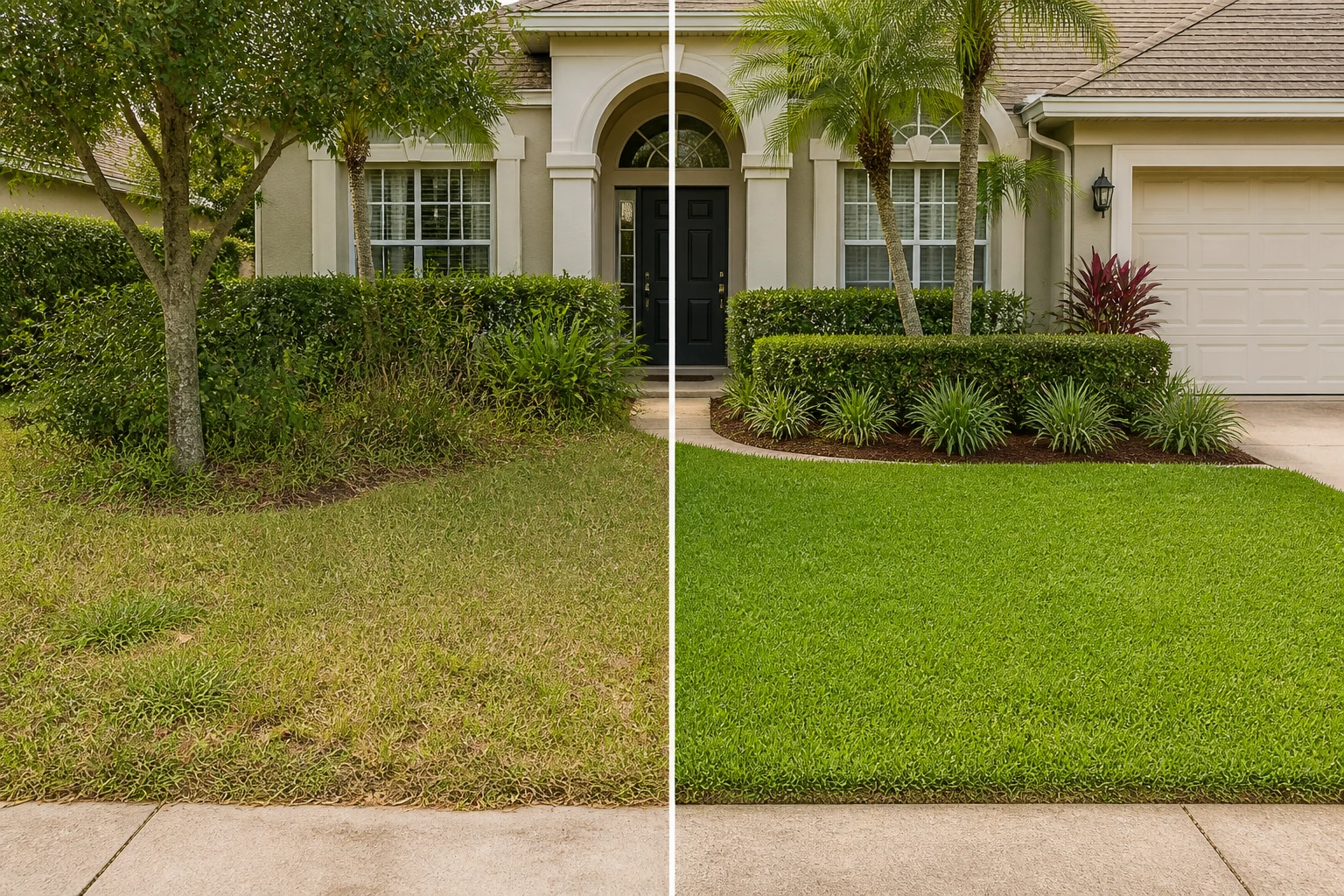 Before and after comparison of a front yard: overgrown patchy grass and untrimmed hedges on the left, a manicured green lawn with trimmed hedges and mulched beds on the right