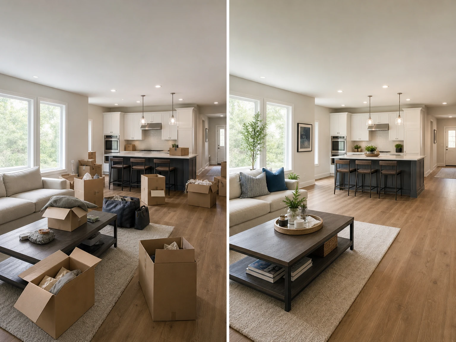 Before and after comparison of an open living room and kitchen: moving boxes and bags everywhere on the left, unpacked, organized and decorated with plants and cushions on the right