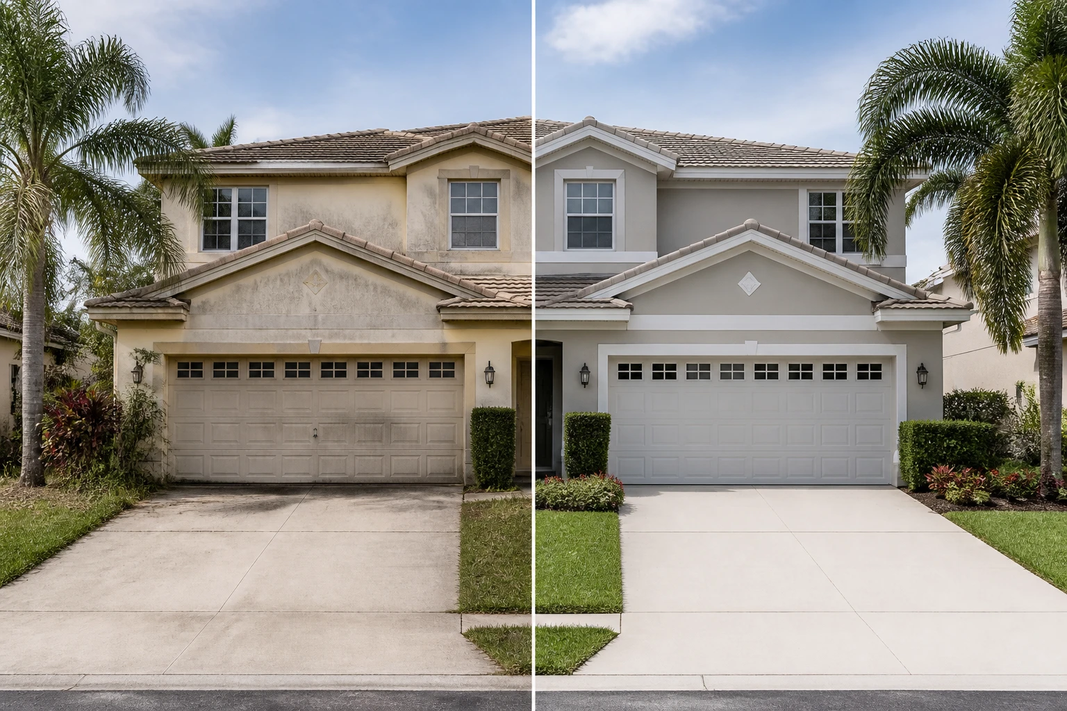 Before and after comparison of a house exterior: faded, stained stucco on the left, freshly painted grey exterior with a tidied driveway on the right