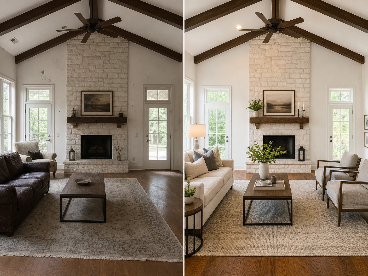 Before and after comparison of a living room with a stone fireplace: worn leather sofa, dated rug and scuffed walls on the left, restaged with a light sofa, armchairs, plants and fresh accessories on the right