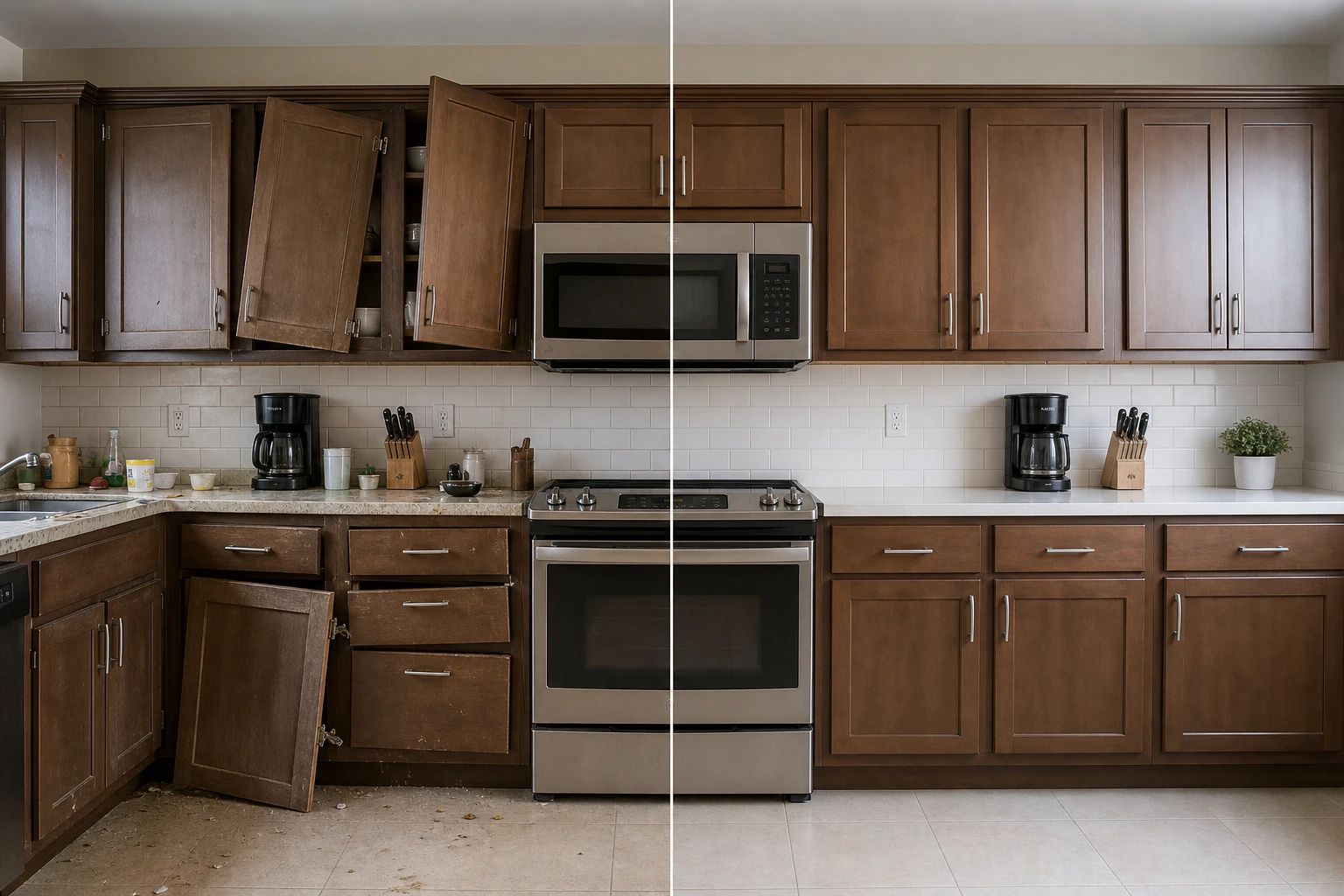 Before and after comparison of a kitchen: cabinet doors hanging open and damaged on the left, cabinets repaired and closed with the counter cleared on the right