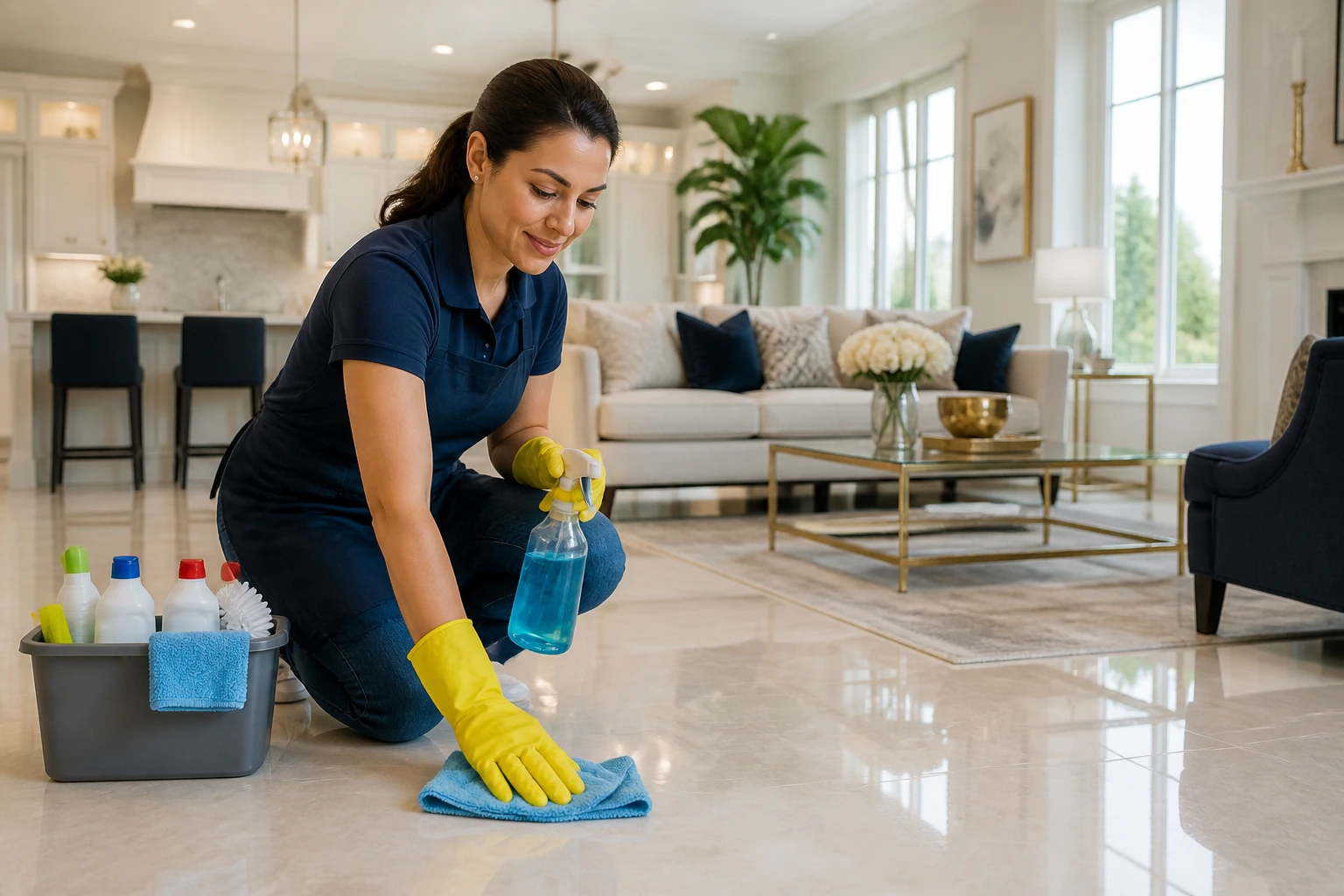 A Rosa's Sparkling Clean & Management team member wiping down a marble floor in a bright living room