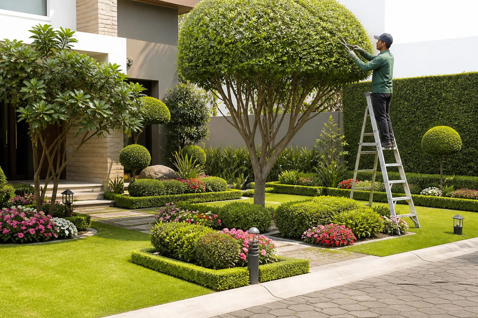A landscaper trimming a manicured hedge in a home's front yard